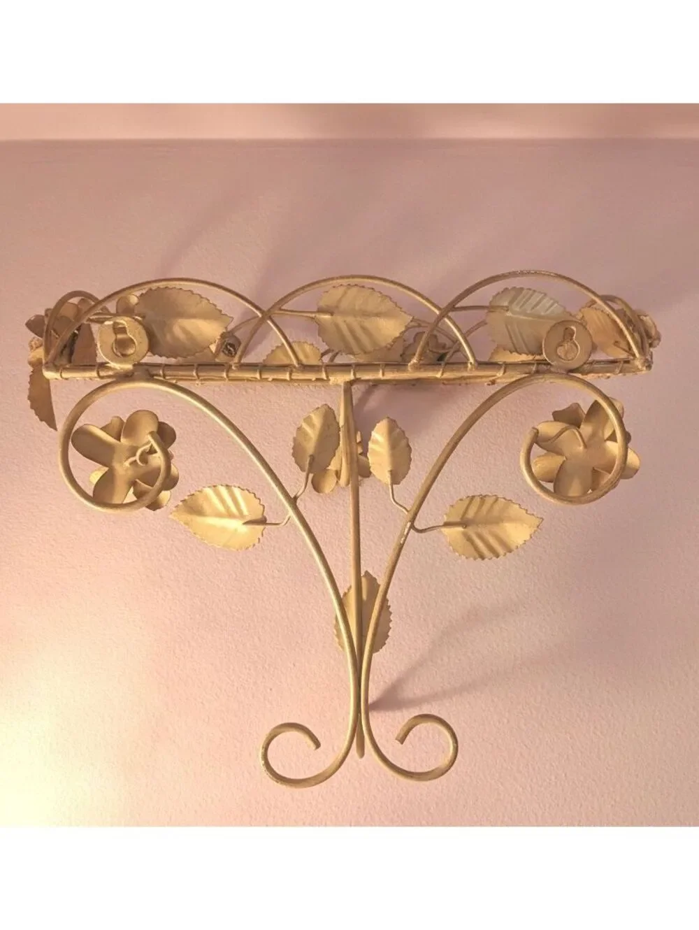 Vintage Italian Toleware Wire Mesh Wall Shelf w/ Hand-Painted Roses 8